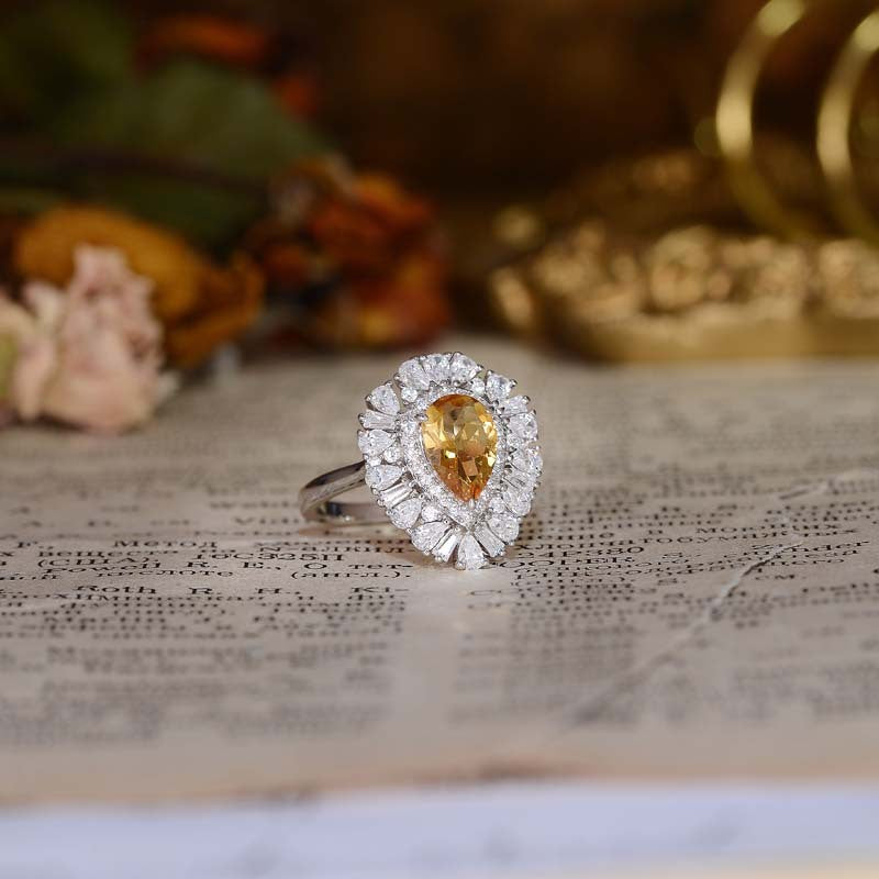 Natural Yellow Crystal 6*9mm Water Droplet Soleste Halo Silver Ring for Women