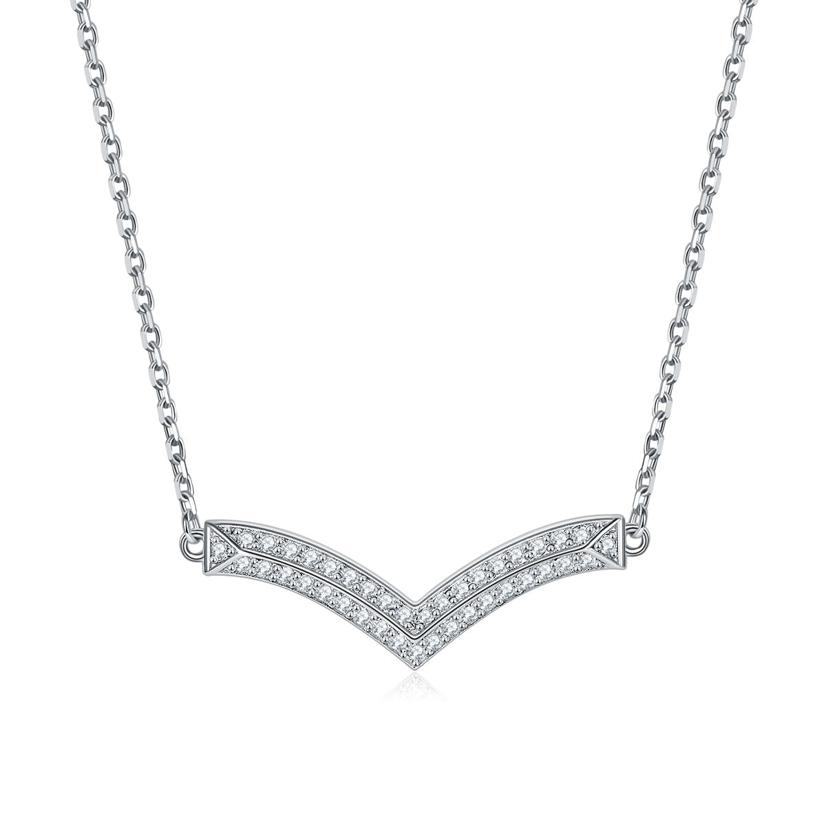 Two Row Zircon V-shaped Pendant Silver Necklace for Women