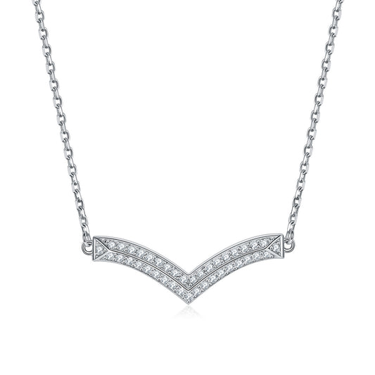 Two Row Zircon V-shaped Pendant Silver Necklace for Women
