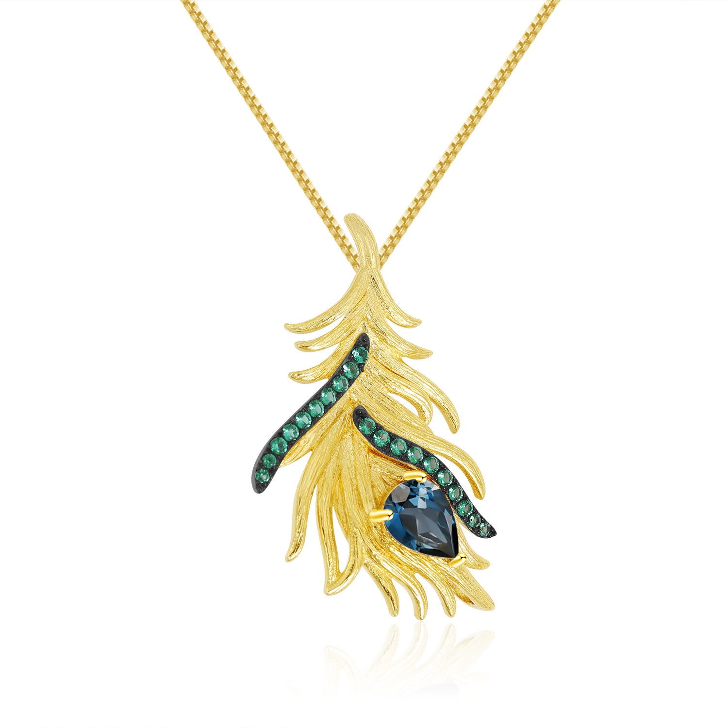 Premium Design Natural Topaz Gold Colour Bird's Feather Pendant Silver Set Necklace for Women