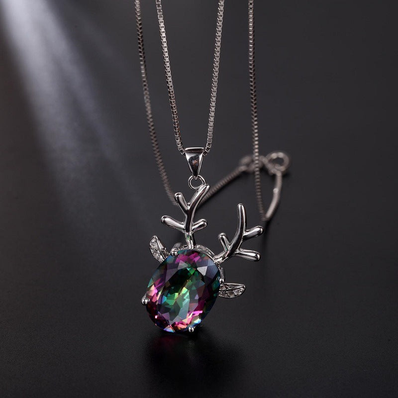 Fashion Creative Design Inlaid Natural Crystal Elk Styling Pendant Silver Necklace for Women