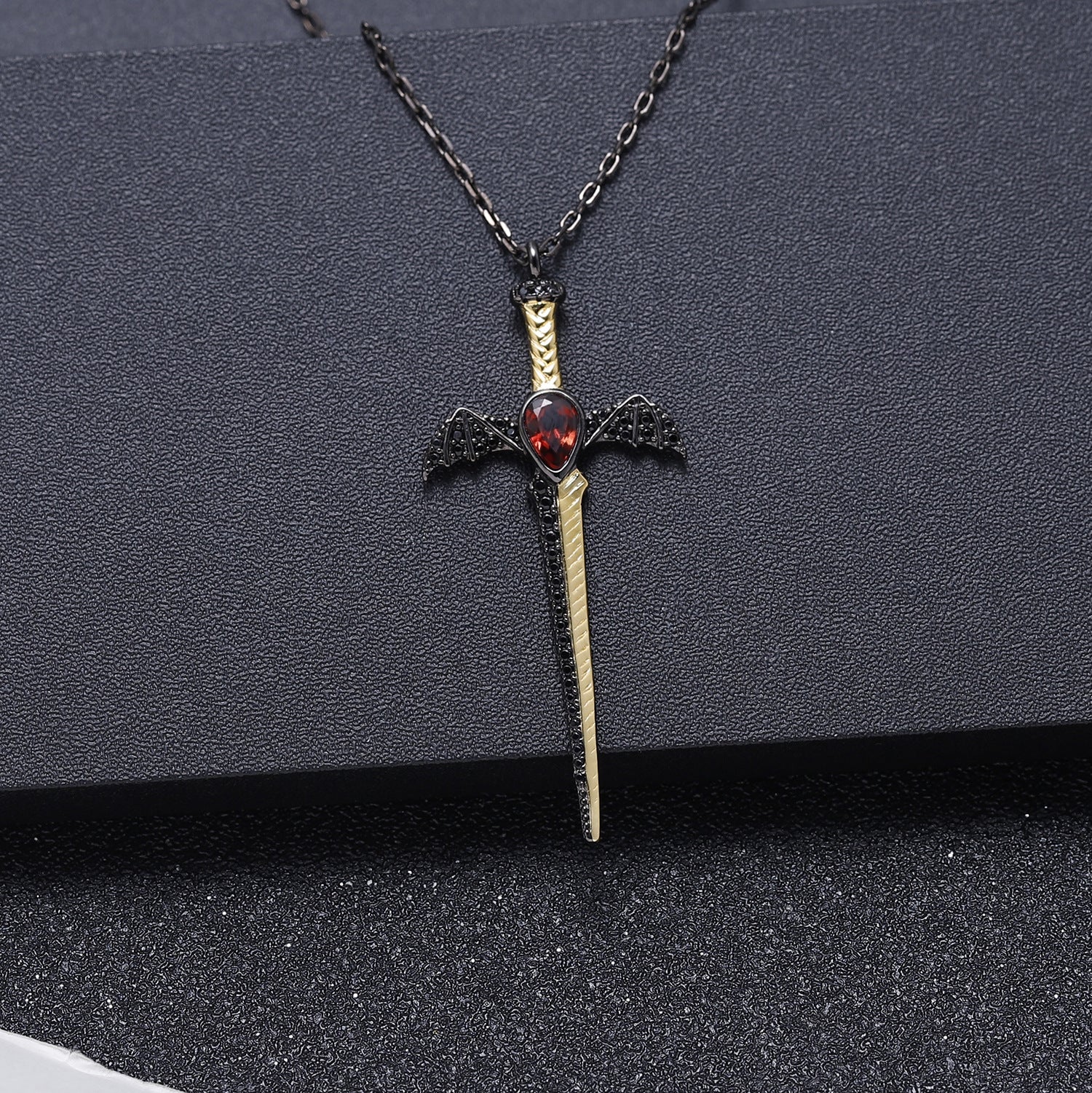 Gothic Style Dagger Design Natural Cystal Pendant Silver Necklace for Women