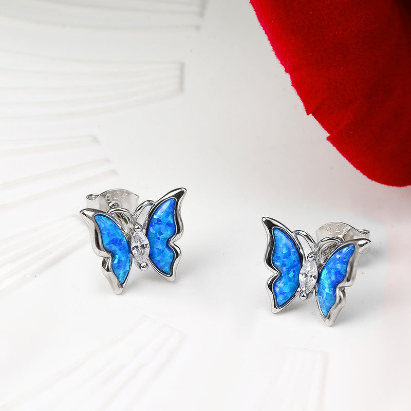 Blue Opal Stone with Marquise Zircon Butterfly Silver Studs Earrings for Women