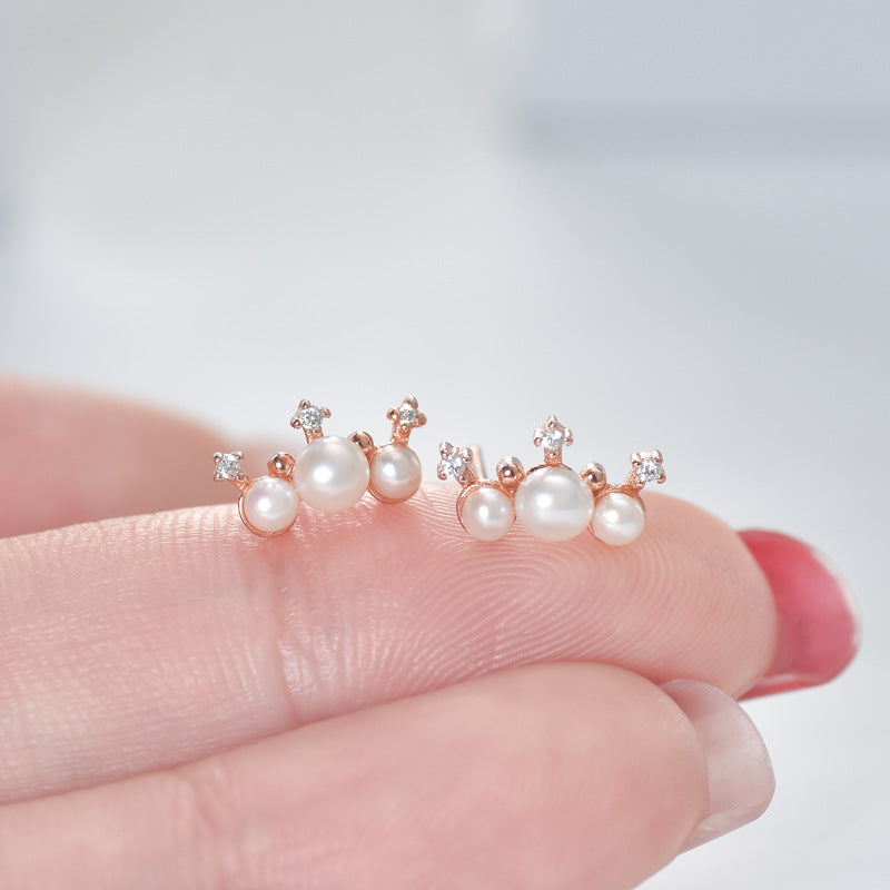 Three Pearl Small Crown Silver Stud Earrings for Women