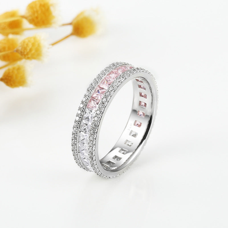 Princess Cut White and Pink Zircon Eternity Silver Ring