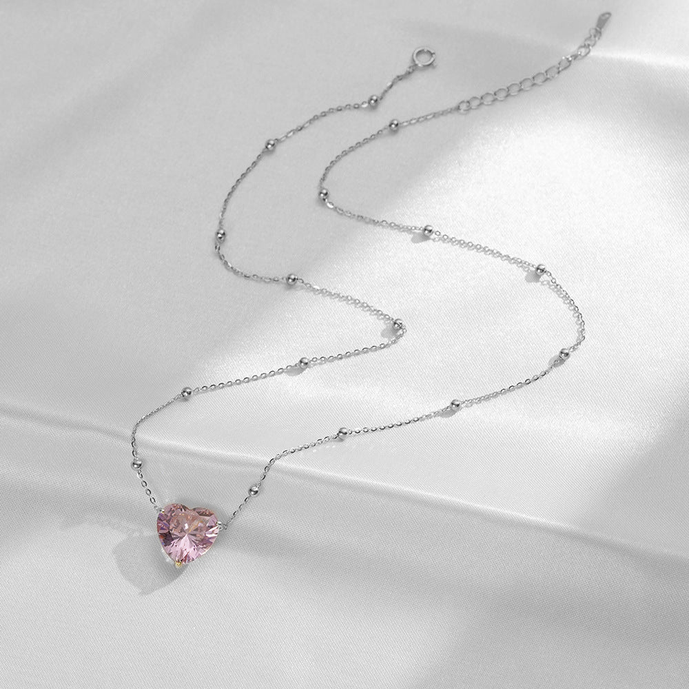 (Two Colours) Pink Zircon Heart Pendants 925 Silver Collarbone Necklace for Women