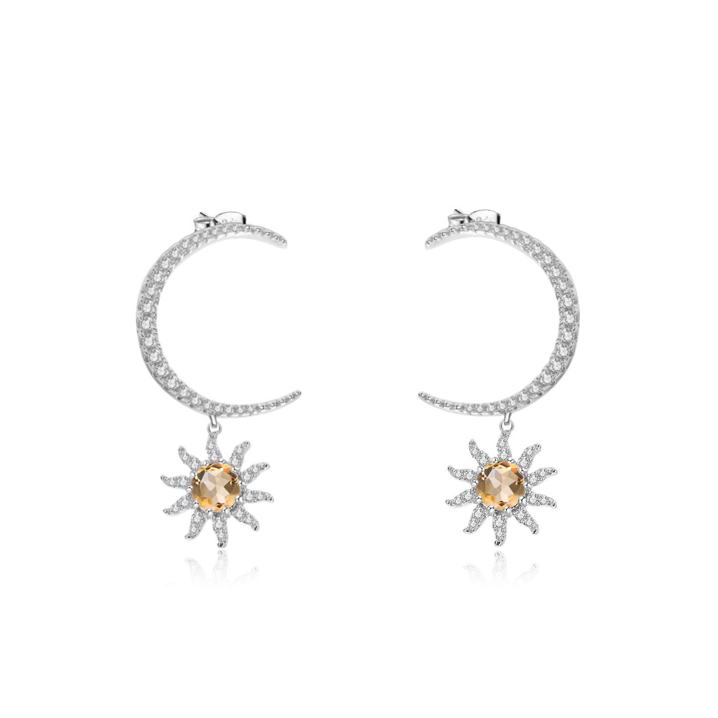 French Romantic Luxury Design Inlaid Natural Colourful Gemstone Moon and Sun Silver Drop Earrings for Women