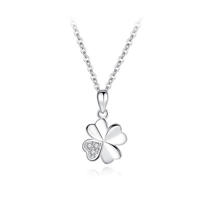 Valentine's Day Gift Heart-shape Leaf Clover with Zircon Silver Necklace for Women
