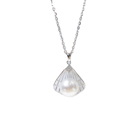 Natural Freshwater Pearl Hollow Fan-shape Pendant Silver Necklace for Women