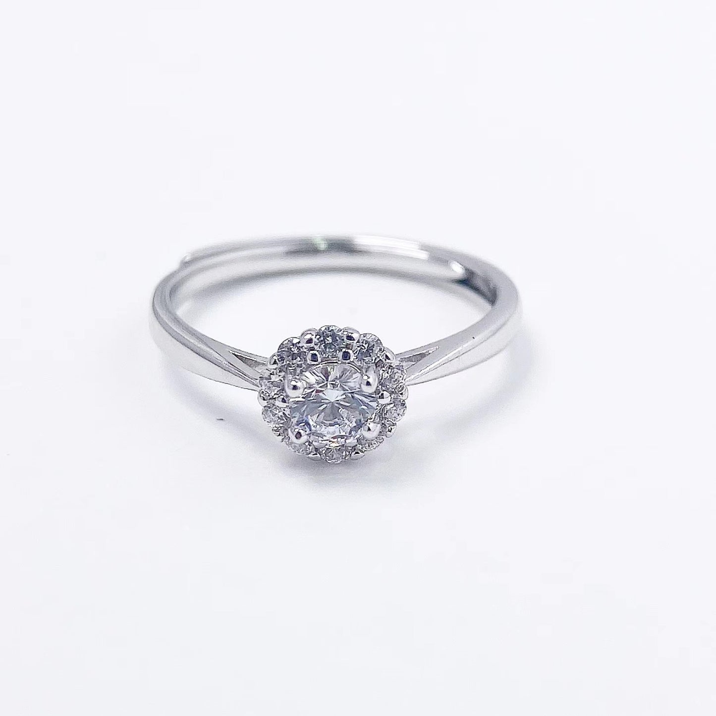 Round Zircon Flower Soleste Halo Silver Ring