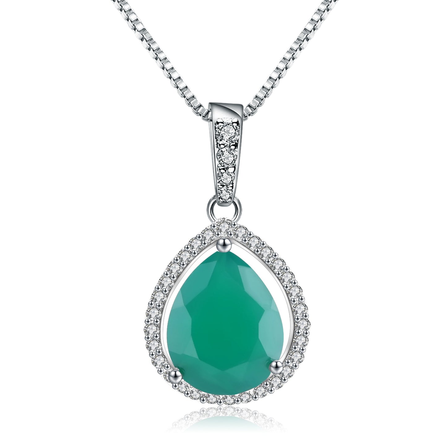 Luxury Charm Style Inlaid Green Agate Soleste Halo Pear Drop Pendant Sterling Silver Necklace for Women