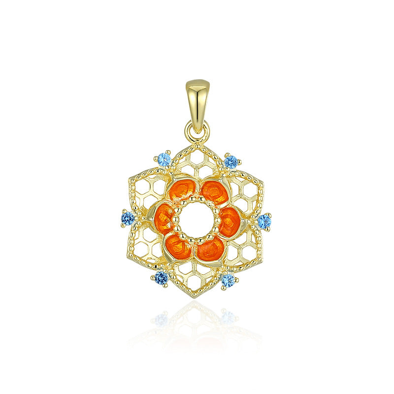 Lotus Pattern Series Blue Zircon Enamel Hollow Flower Pendant Silver Necklace for Women