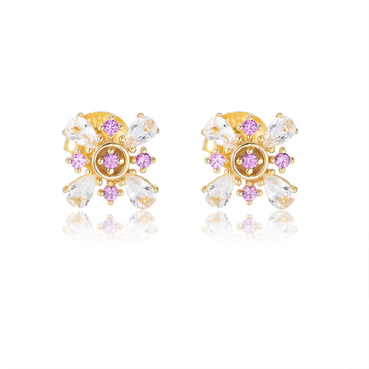 Pink Zircon Petals Silver Studs Earrings for Women