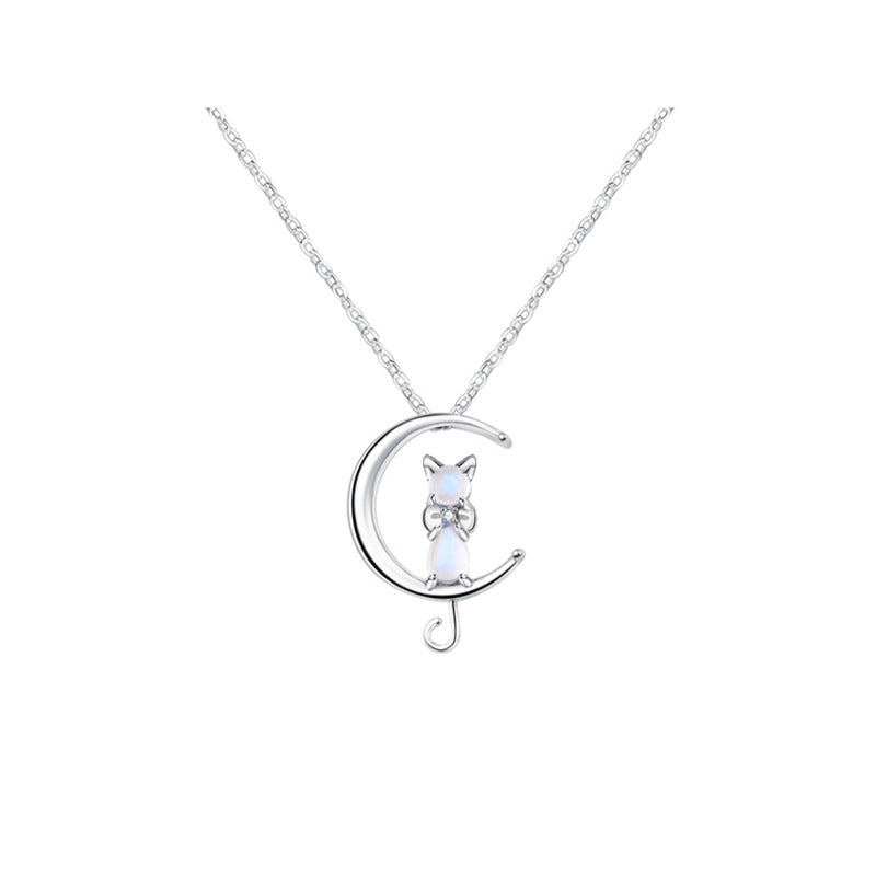 Opal Stone Kitten In Moon Silver Necklace for Women