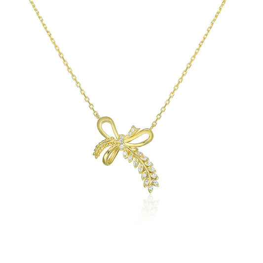 Wheat Bow with Zircon Silver Necklace for Women