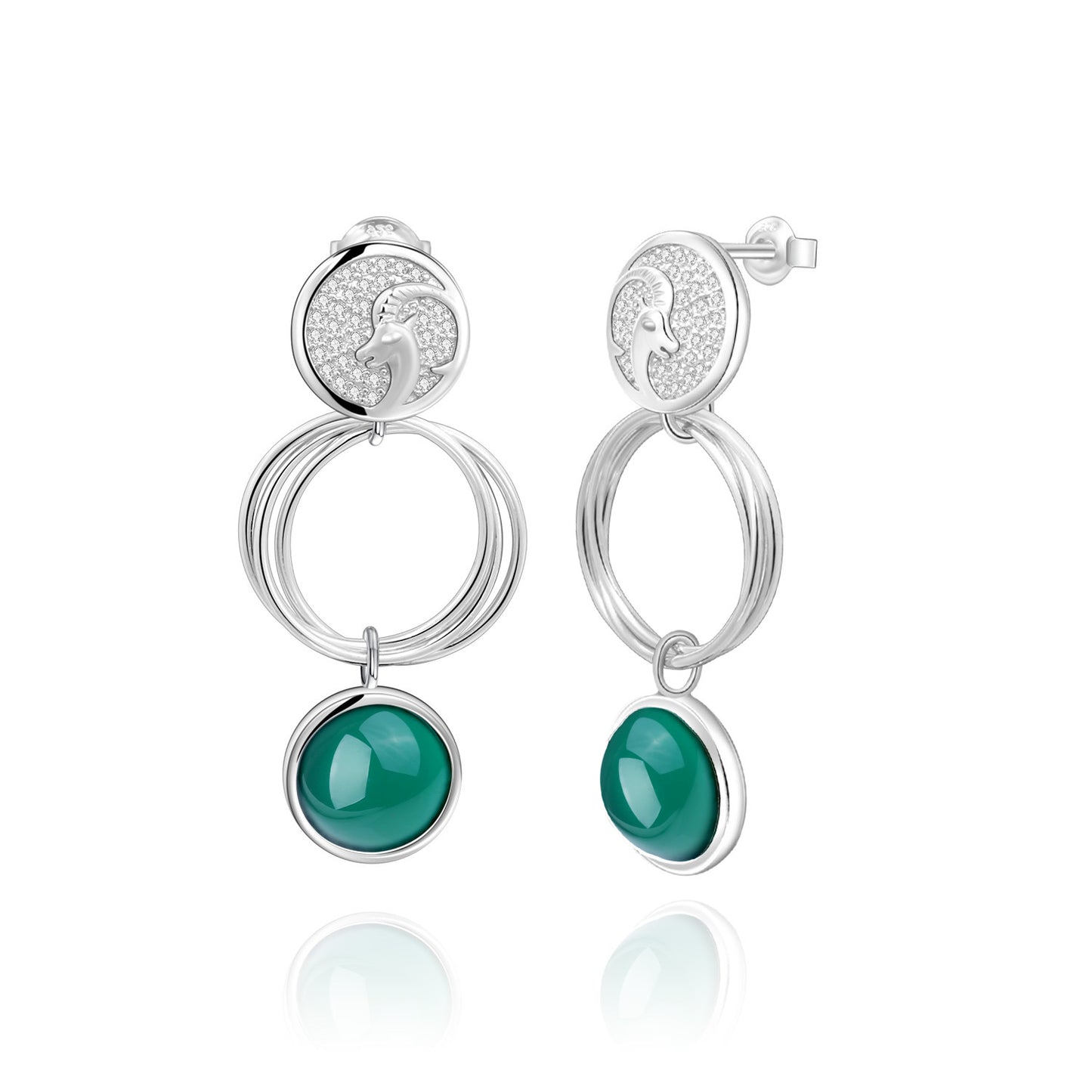 Geometric Design 925 Silver Green Agate Drop Earrings for Women