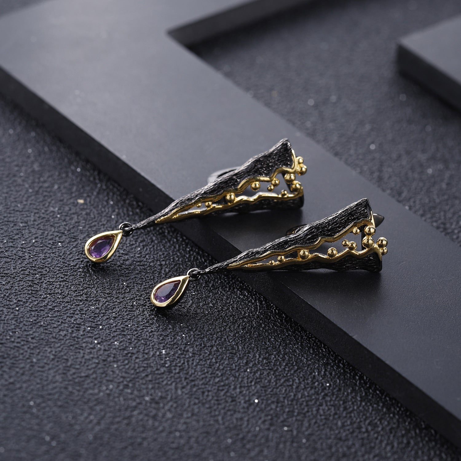 Italian Design Inlaid Natural Amethyst Geometric Triangle Silver Drop Earrings for Women