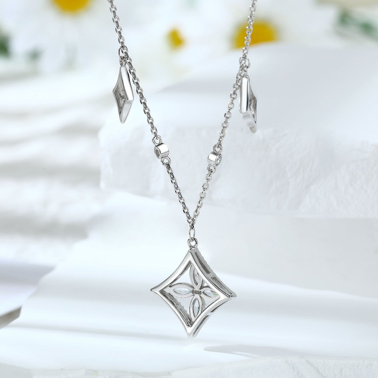 Marquise Zircon Flower Rhombus Pendant Silver Necklace for Women