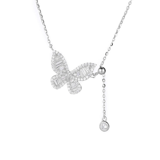 (Two Colours) White Zircon Butterfly Tassels Pendants Silver Collarbone Necklace for Women