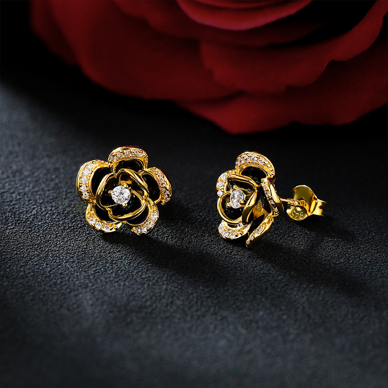 Zircon Petal Black Camellia Silver Studs Earrings for Women