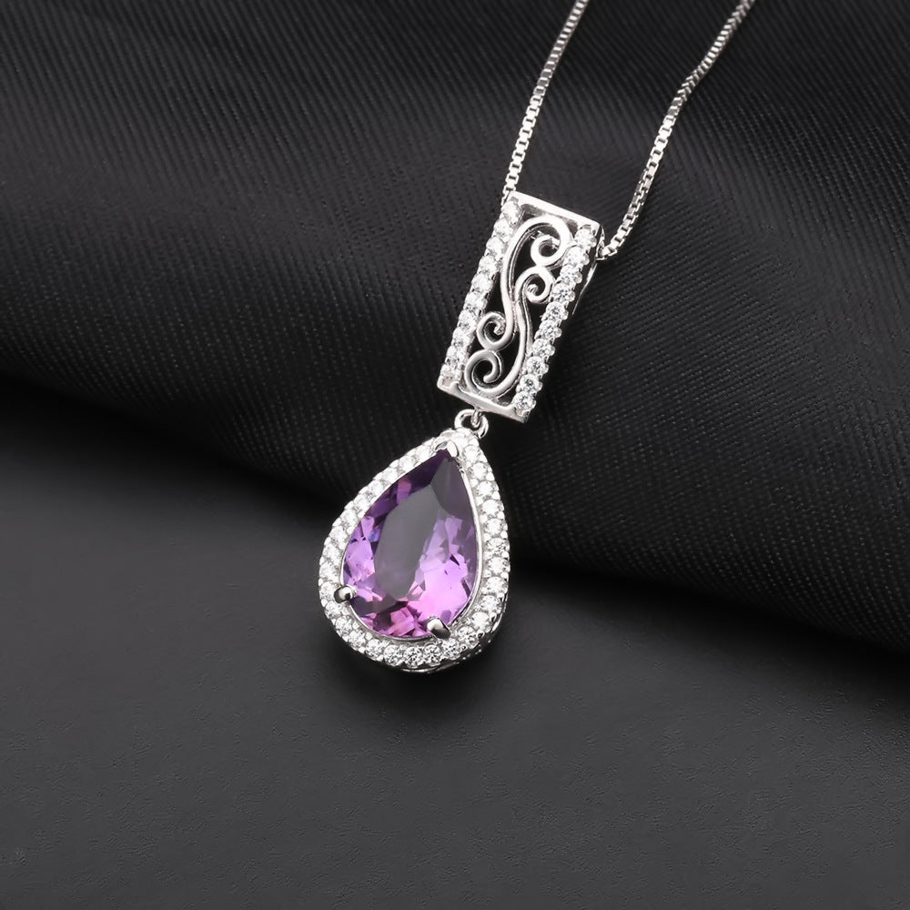 European Style Inlaid Natural Amethyst Soleste Halo Pear Drop Pendant Silver Necklace for Women