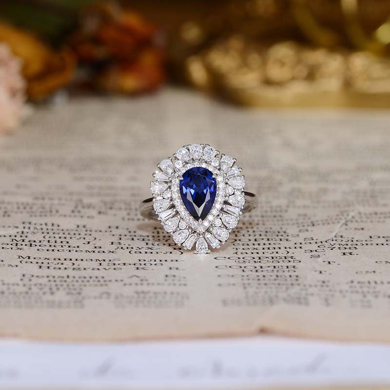 Lab-Created Sapphires 6*9mm Water Droplet Soleste Halo Silver Ring for Women