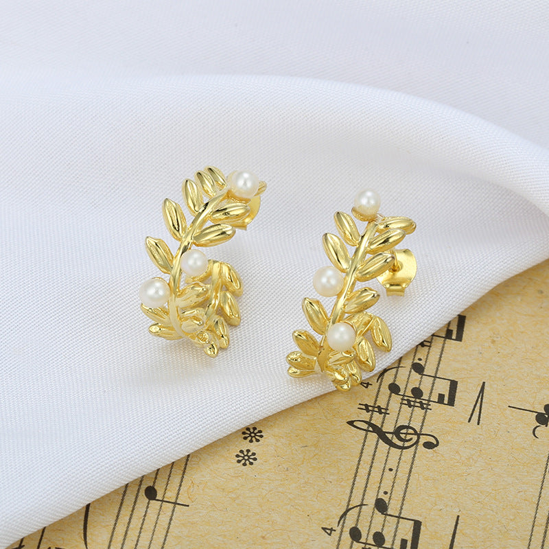 Wheat Branches with Freshwater Pearl Silver Studs Earrings for Women