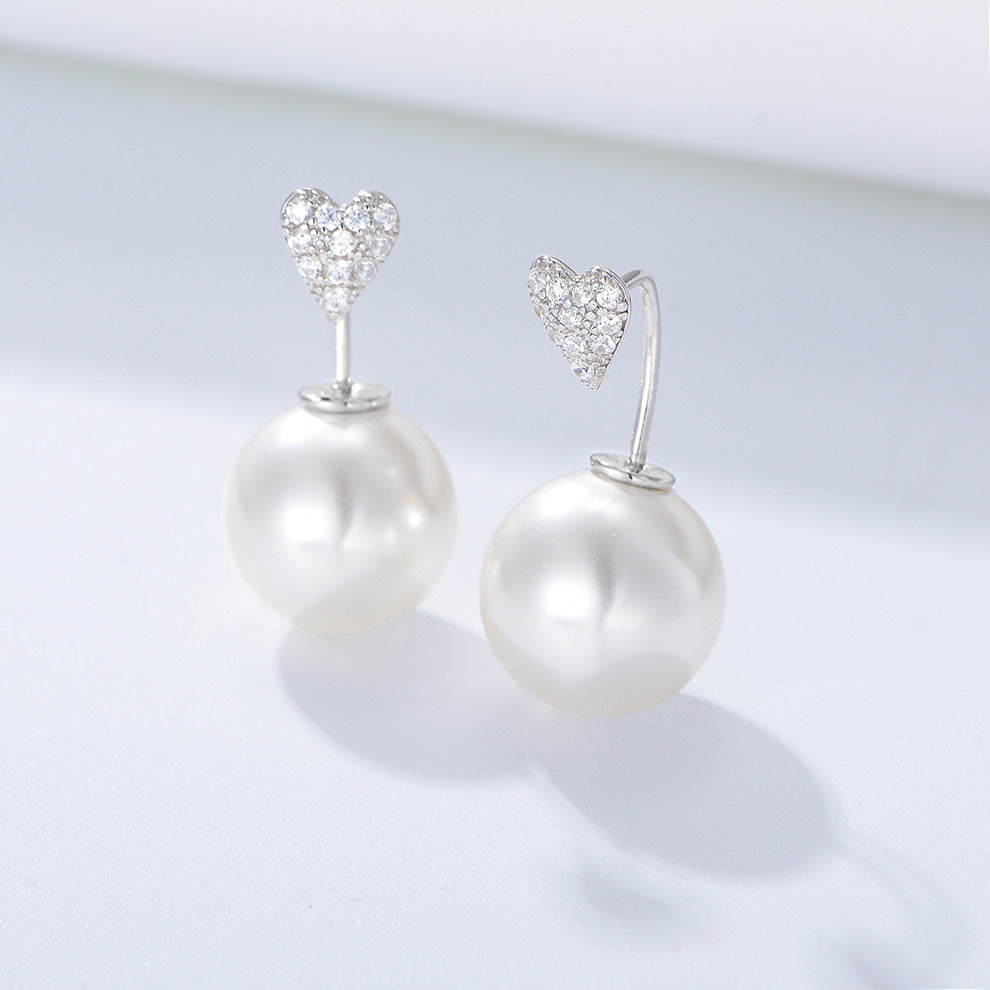 Ball Pearl with Heart-shape Zircon Silver Drop Earrings for Women