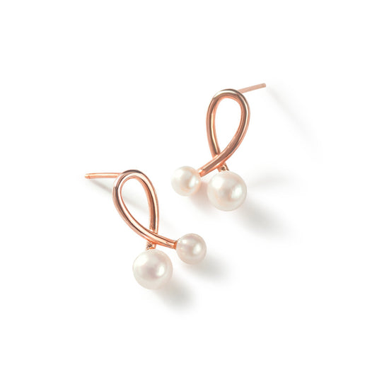 Rose Gold Colour Cross-line with Freshwater Pearl Silver Stud Earrings for Women