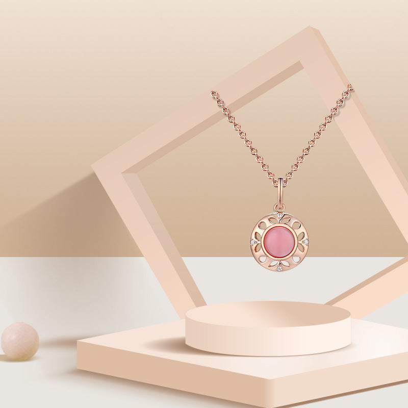 Circle Pink Mother-of-pearl with Zircon Silver Necklace for Women