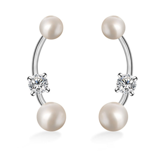 Freshwater Pearl with Round Zircon Silver Stud Earrings for Women