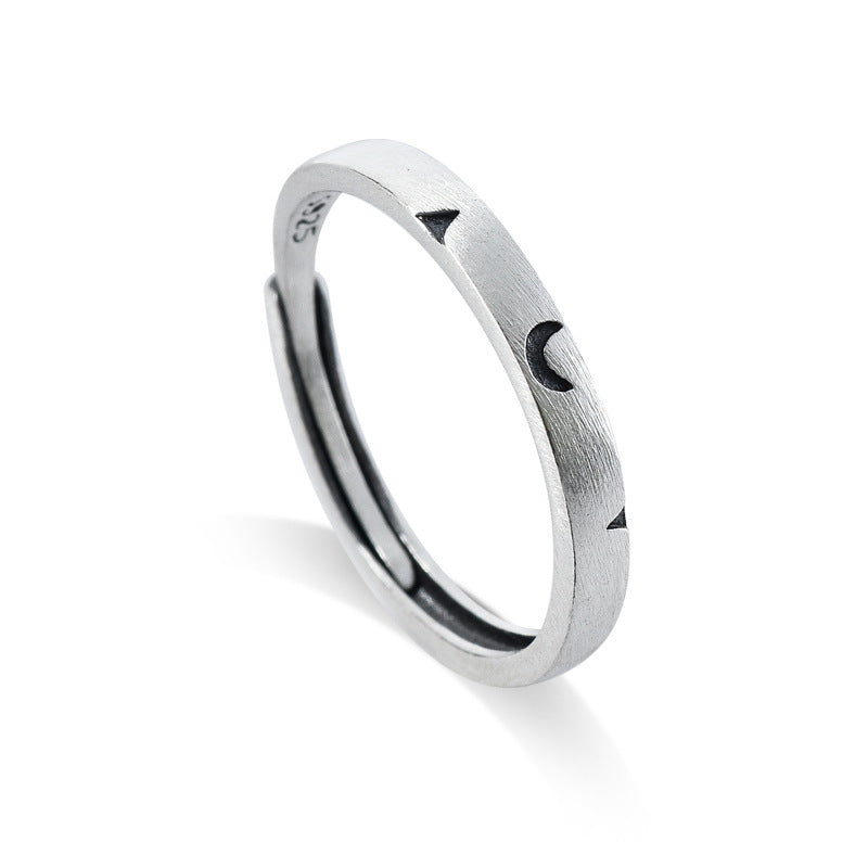 Sun Moon Pattern Brushed Finish Silver Couple Ring