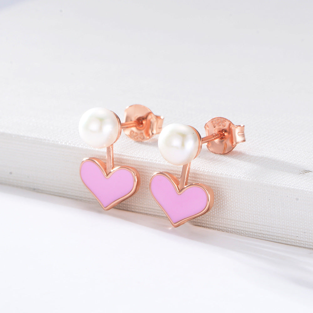 Colourful Heart with Pearl Sterling Silver Studs Earrings for Women