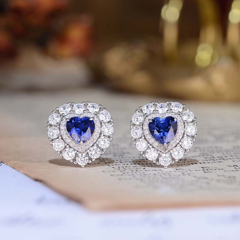 Lab-Created Sapphires 6*6mm Heart Shape Soleste Halo Silver Studs Earrings for Women