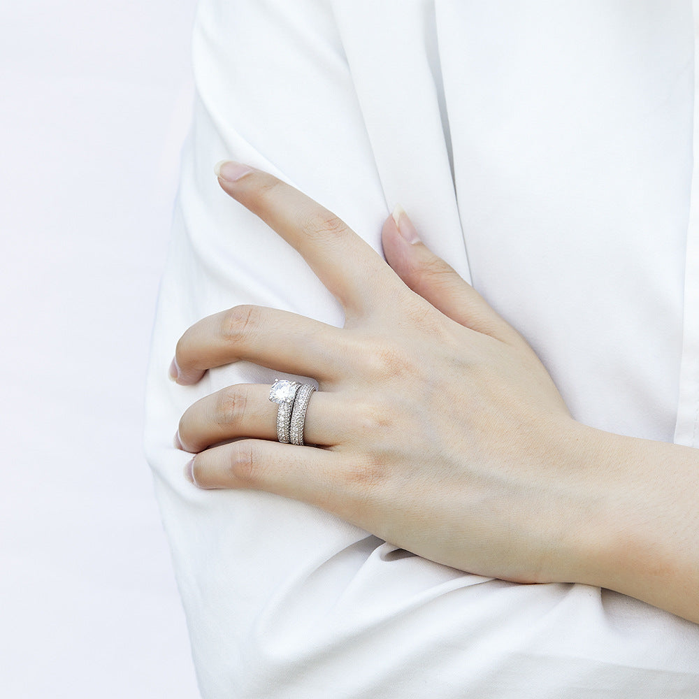 Four Prongs Round Zircon Cathedral Silver Ring Set for Women