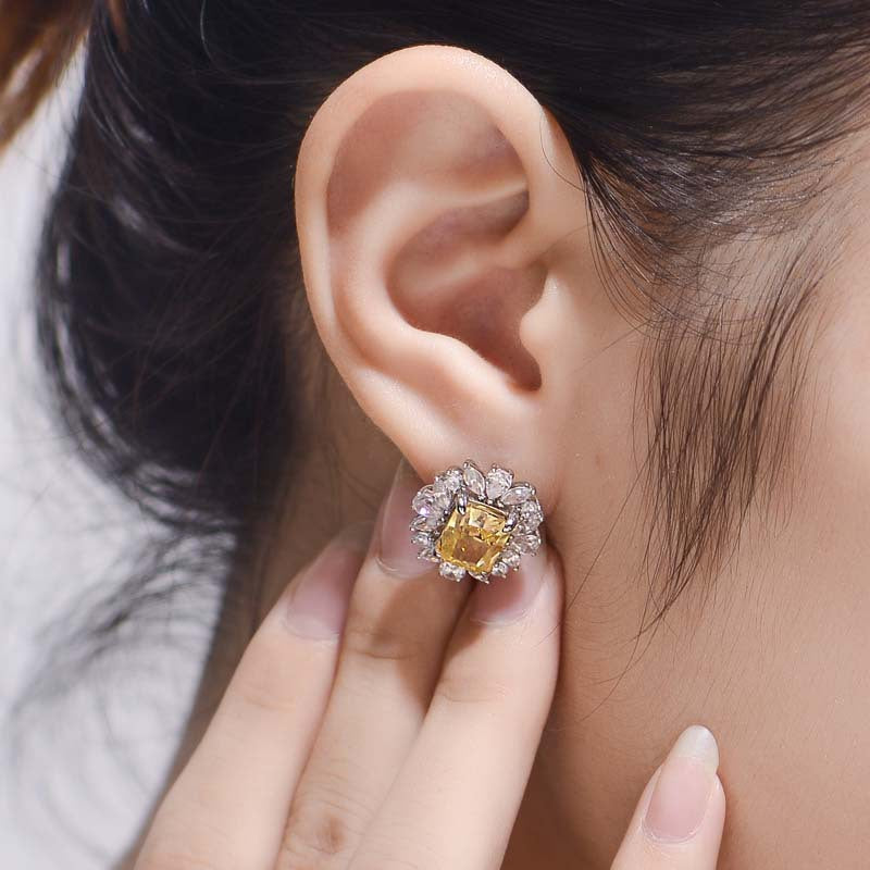 Yellow Zircon 7*9mm Rectangle Ice Cut Luxurious Silver Studs Earrings for Women