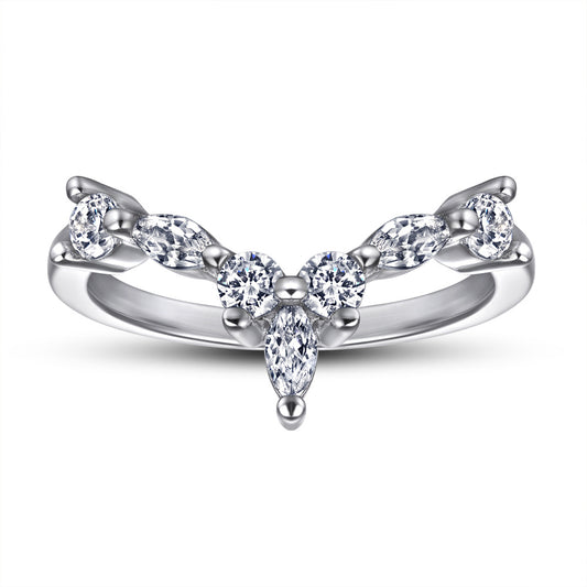 Marquise and Round Zircon V-shaped Silver Ring for Women