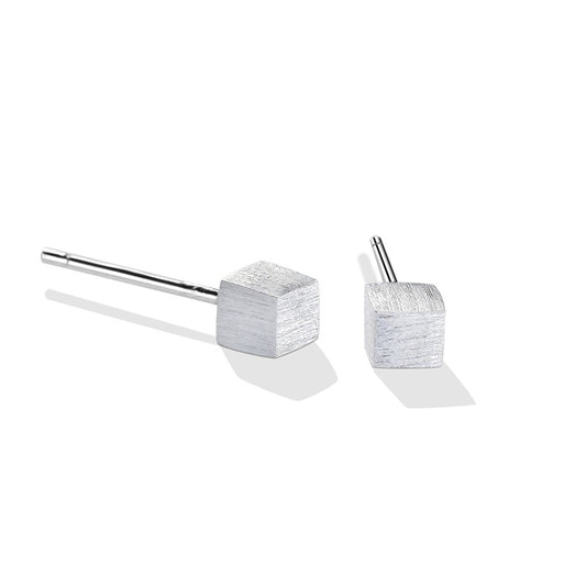Small Brushed Cube Silver Stud Earrings for Women