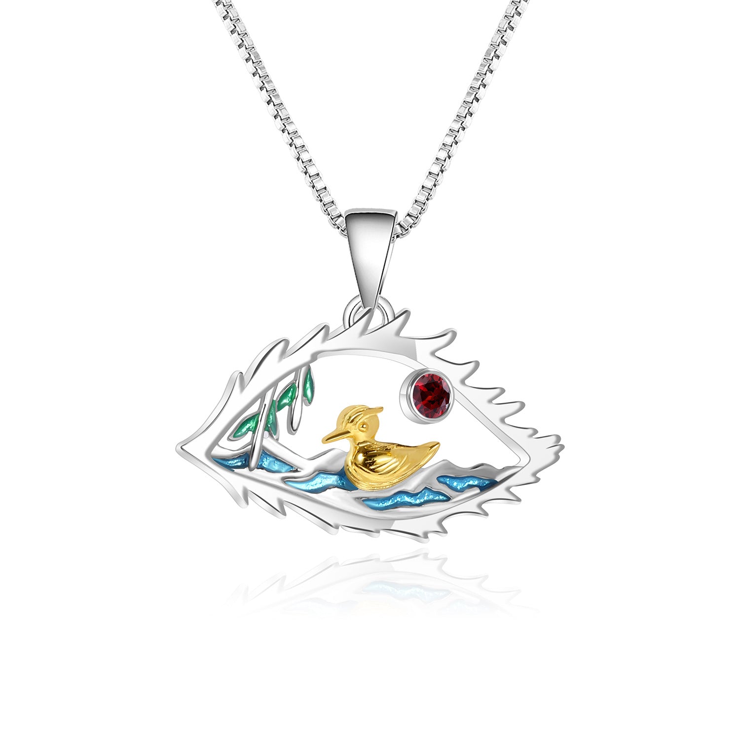 High-grade Design Lake of Eyes Enamel Natural Gemstone Little Duck Pendant Silver Necklace for Women