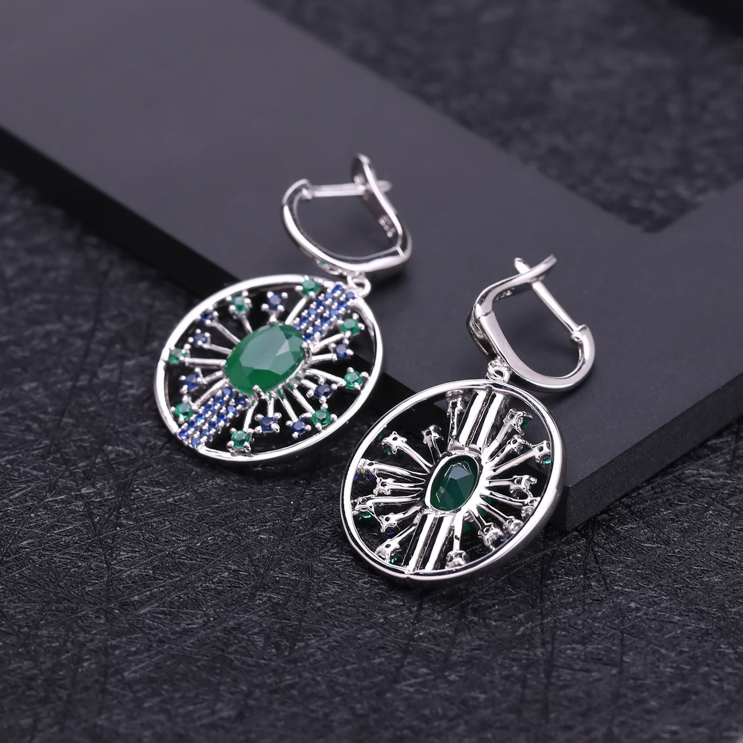 Luxury Fashion Design Inlaid Green Agate Circle Sterling Silver Drop Earrings for Women