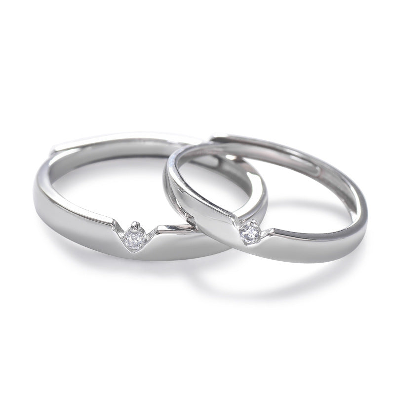 V-shape Round Zircon Silver Couple Ring