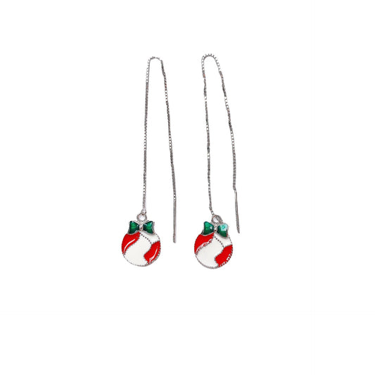 Red and White Circle with Green Bow Ear Line Silver Drop Earrings for Women