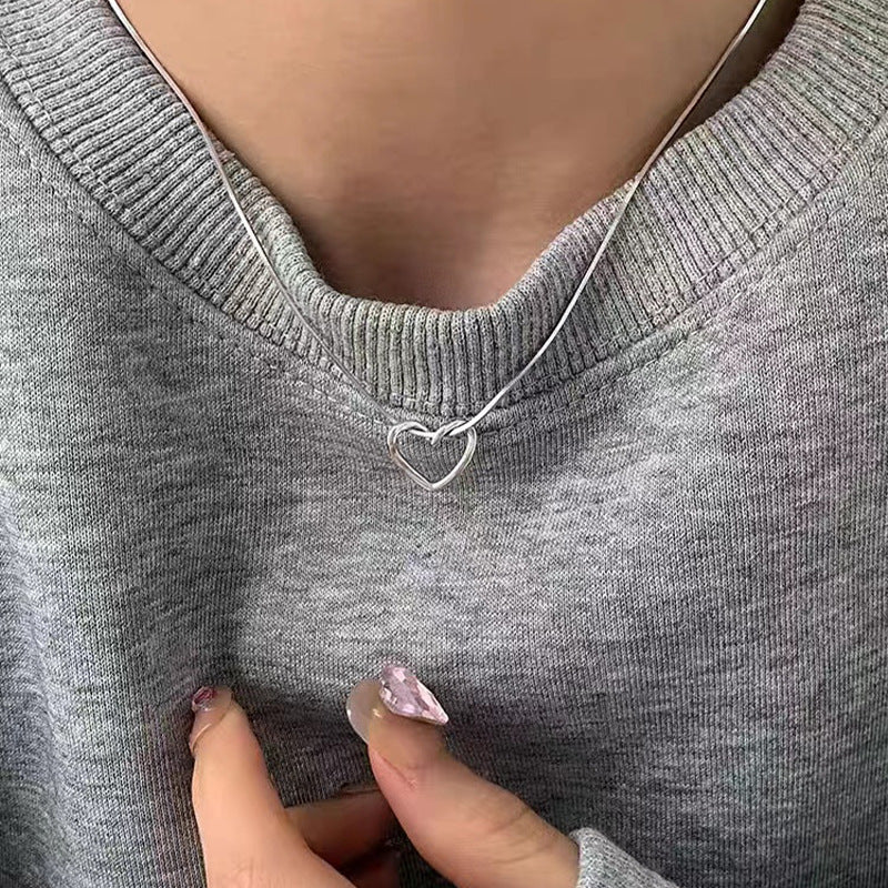 Hollow Heart Pendant Silver Necklace for Women