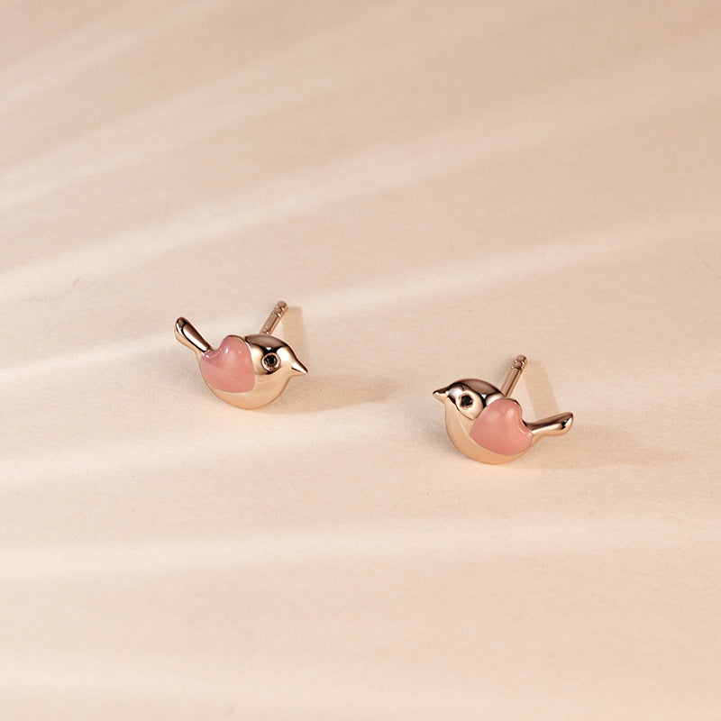 Small Bird with Pink Opal Stone Silver Studs Earrings for Women