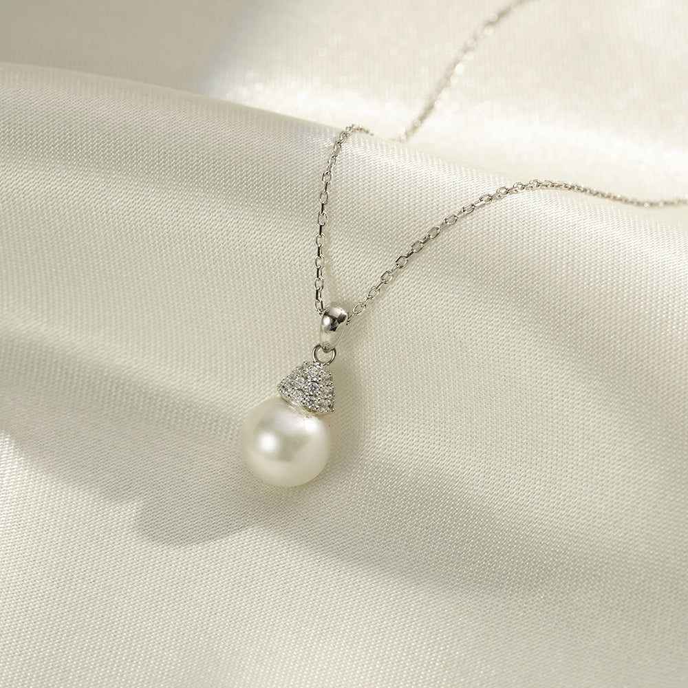 (Two Colours) White Zircon Natural Pearl Pendants Silver Collarbone Necklace for Women