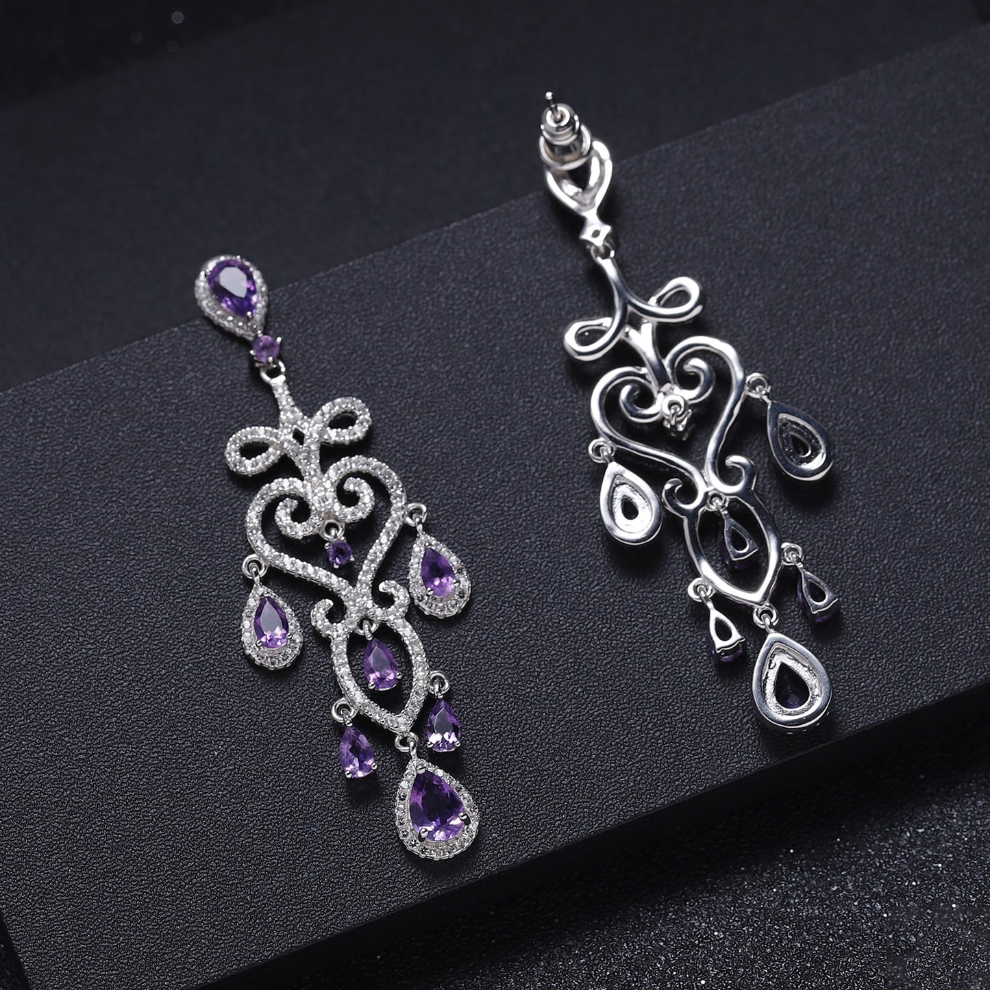 French Romantic Style Inlaid Natural Amethyst Luxury Silver Drop Earrings for Women