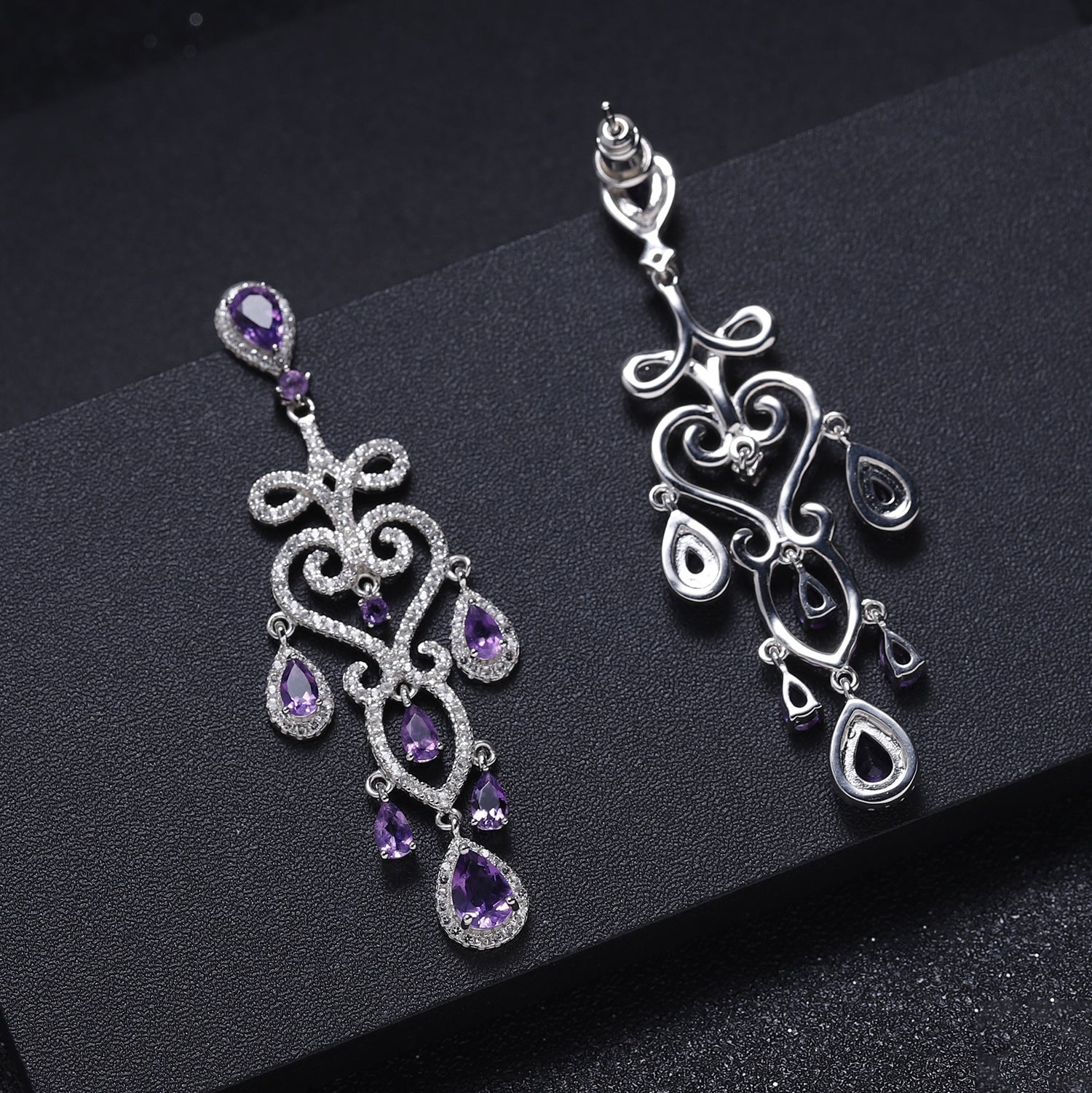 French Romantic Style Inlaid Natural Amethyst Luxury Silver Drop Earrings for Women