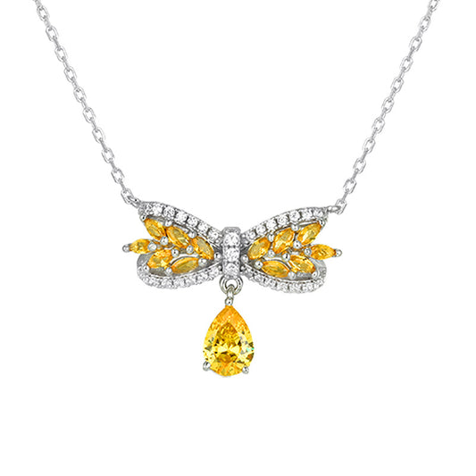 Butterfly with Yellow Water Drop Zircon Silver Necklace for Women