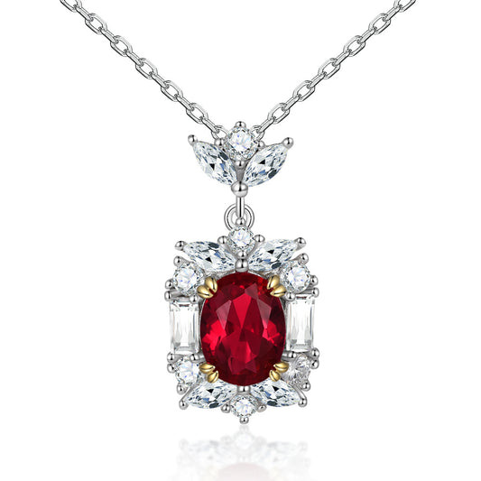 Oval Garnet with Zircon Pendant Silver Necklace for Women