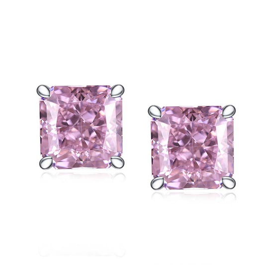 Pink Zircon 7*7mm Cushion Ice Cut Four Prongs Silver Studs Earrings for Women